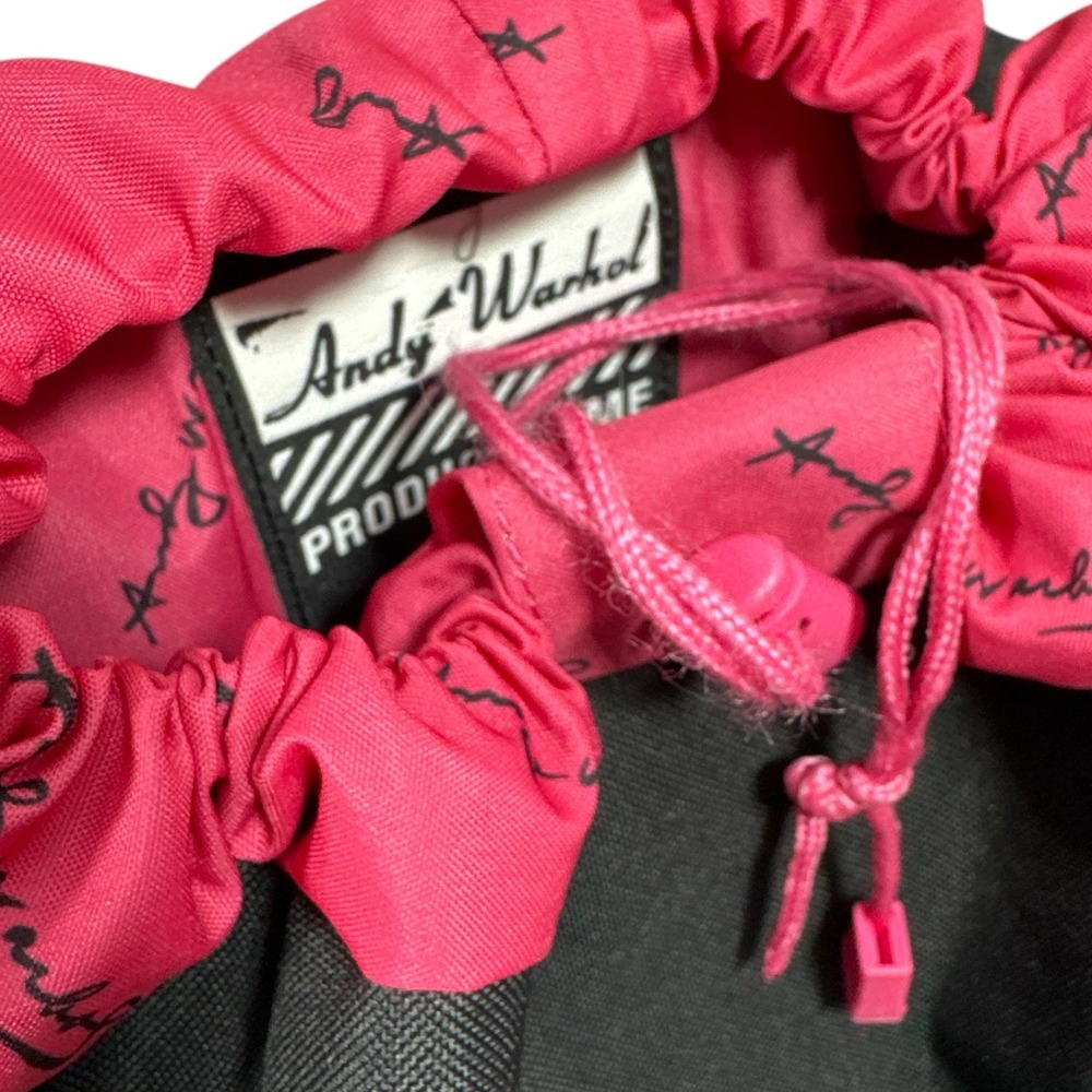 Herschel Supply Warhol Backpack Black Yellow Pink Cow Drawstring Snap Buckle EUC - Picture 3 of 14
